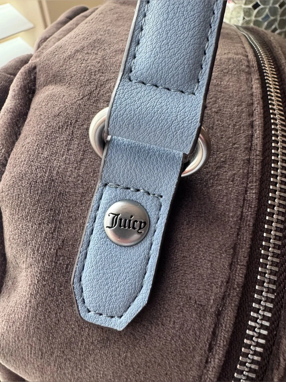 Juicy Couture Brown  Velour Backpack with Light Blue Charm Pouch